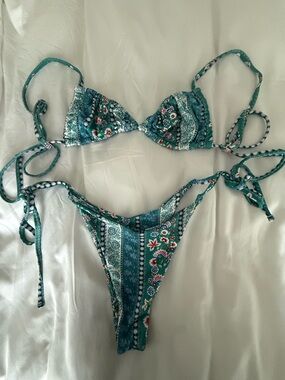 Teal Paisley Print Tie-Side Bikini